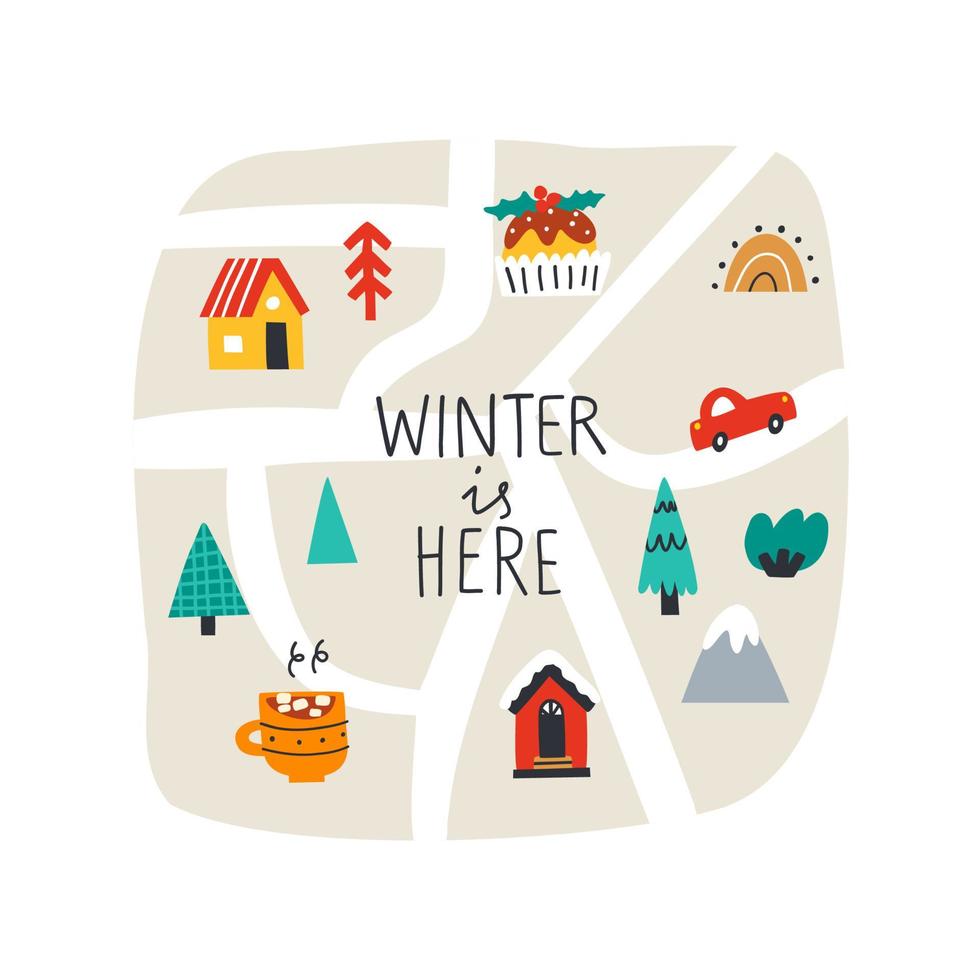 lindo mapa con baratijas navideñas, árboles, casas. el invierno está aquí vacaciones de navidad. ilustración vectorial vector