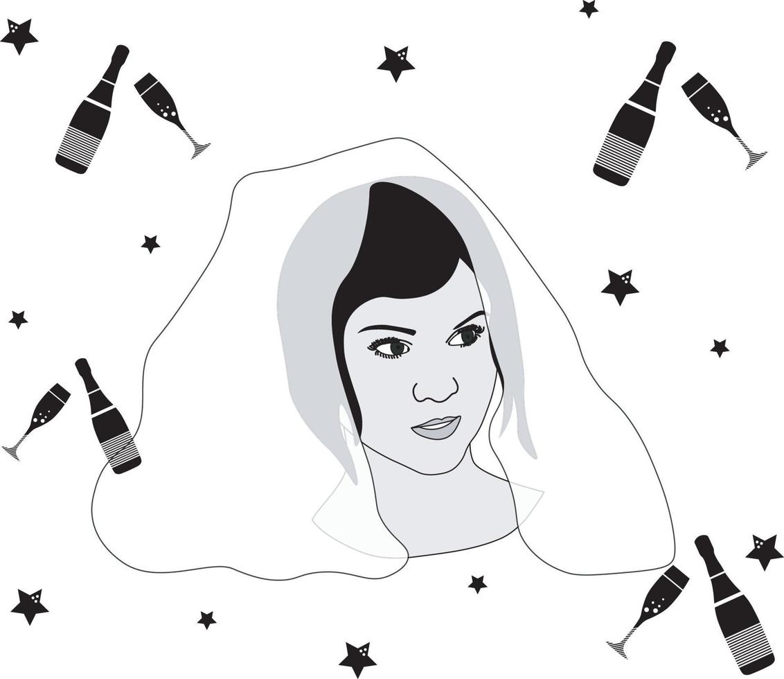 black and white girl in a veil on the background of festive champagne glasses vector