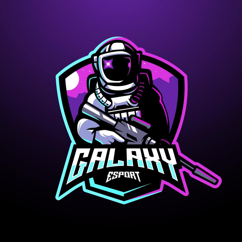 Astronaut galaxy holding gun esport mascot logo design illustration vector for team gaming