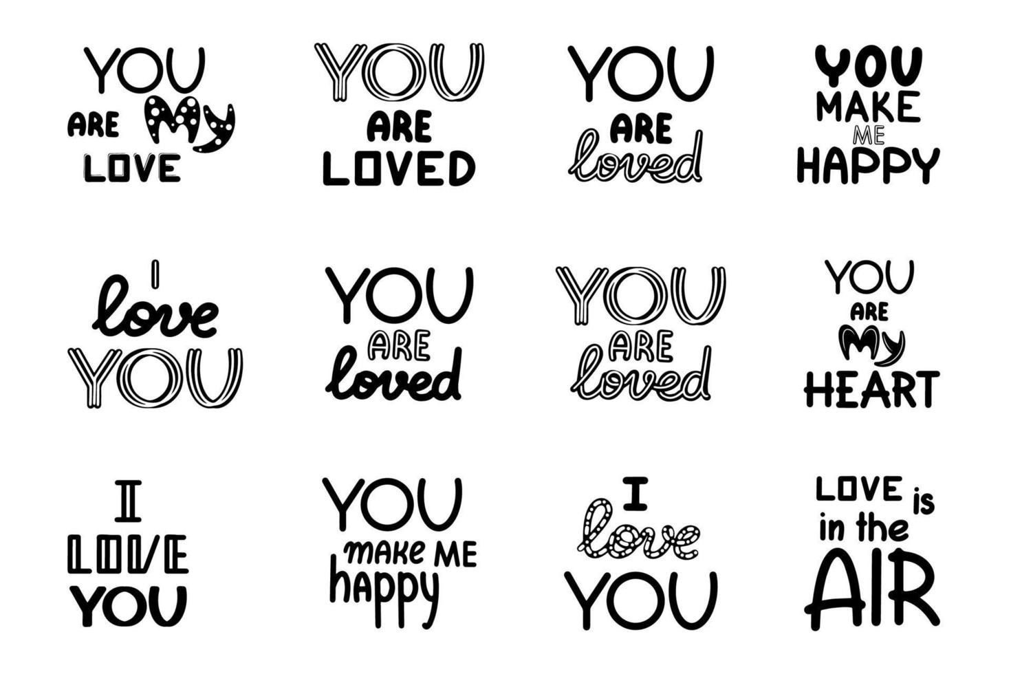 Love lettering motivation phrases set. Isolated on white background. vector