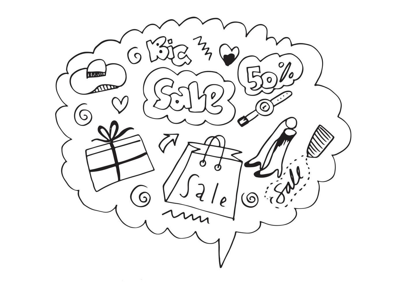 Hand drawn shopping doodle icon set on speech bubble. vector