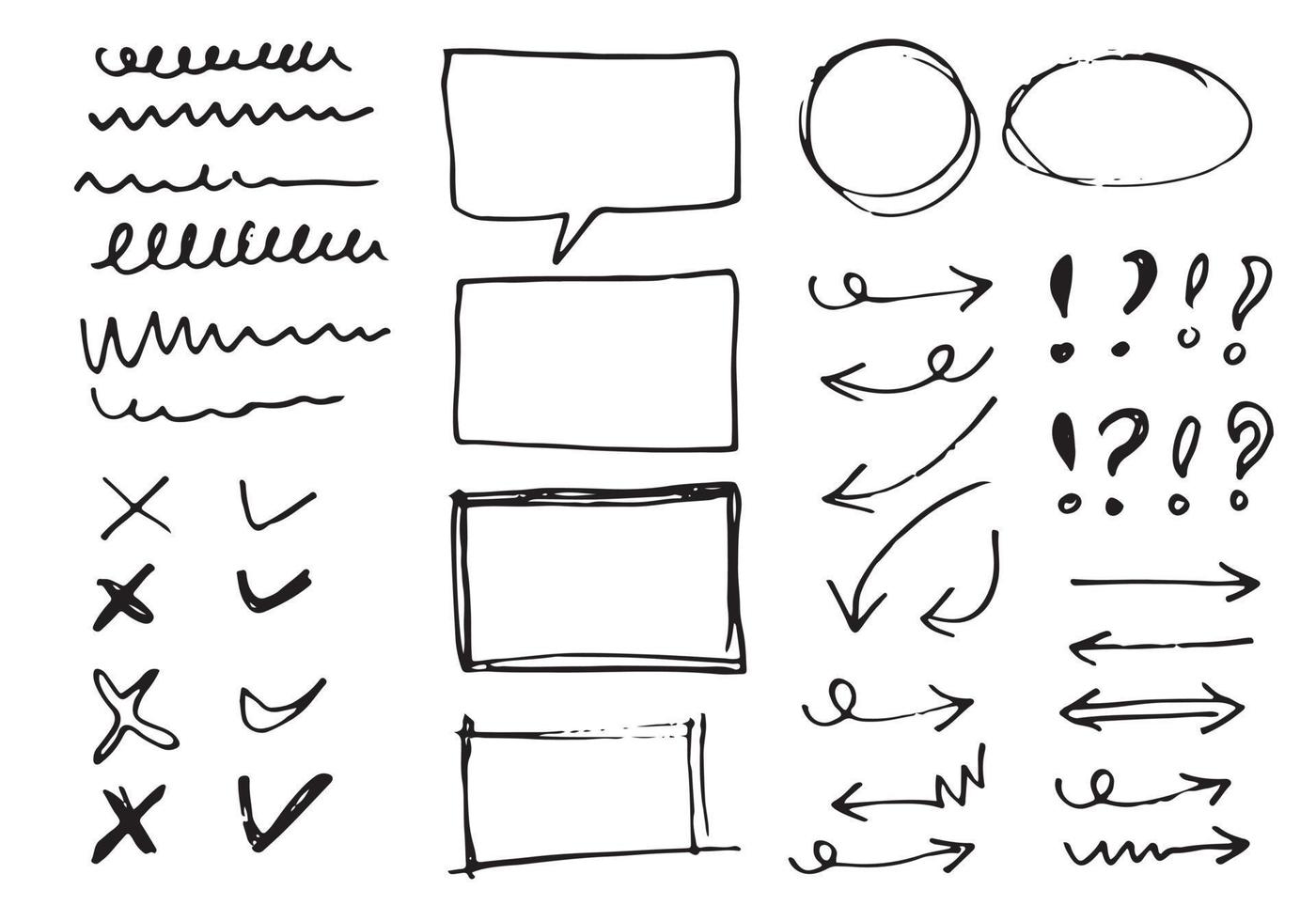 garabatear líneas vectoriales y curvas. Señales de verificación y flechas dibujadas a mano. conjunto de líneas de garabatos simples, curvas, marcos y puntos. vector