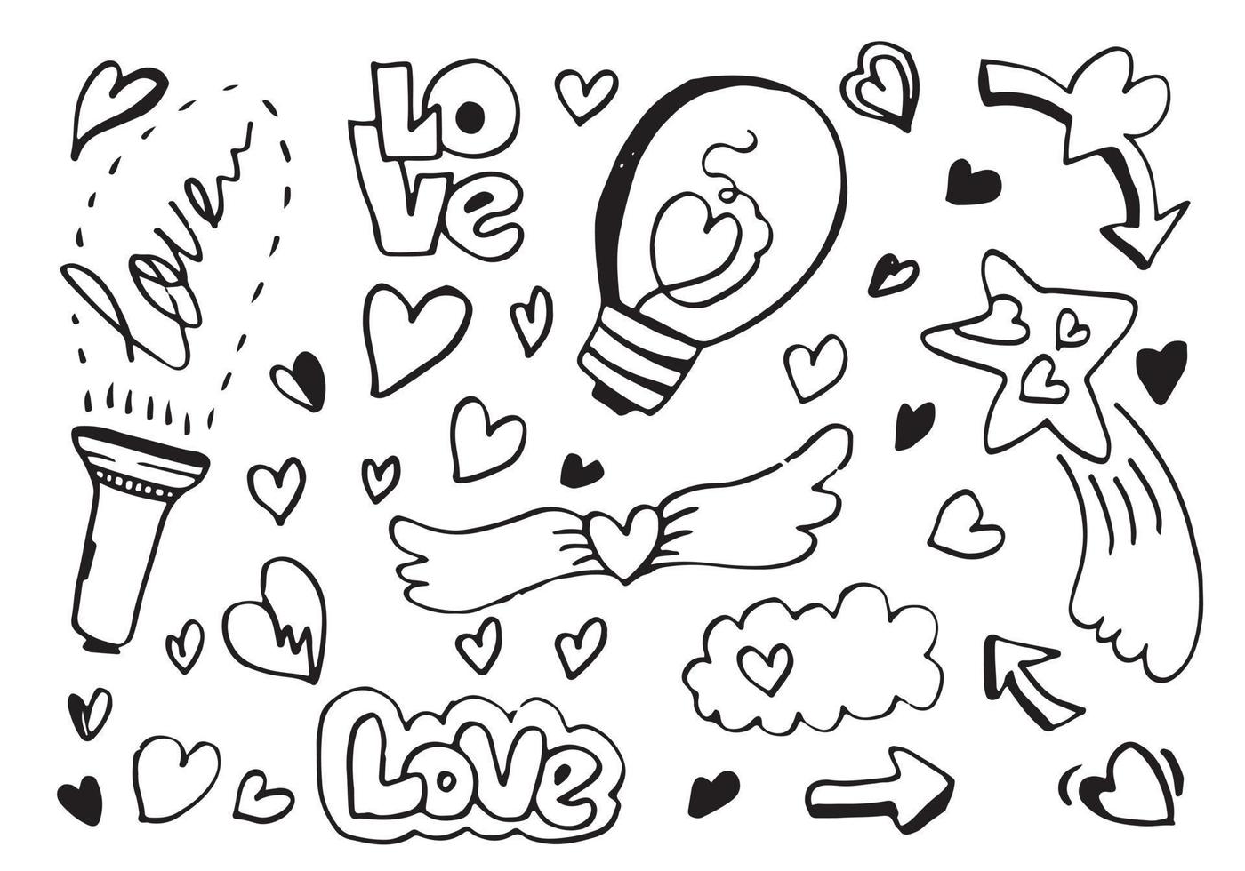 hand drawn doodles set for Valentine's Day. collection of beautiful hearts and writings Love. Vector illustration.