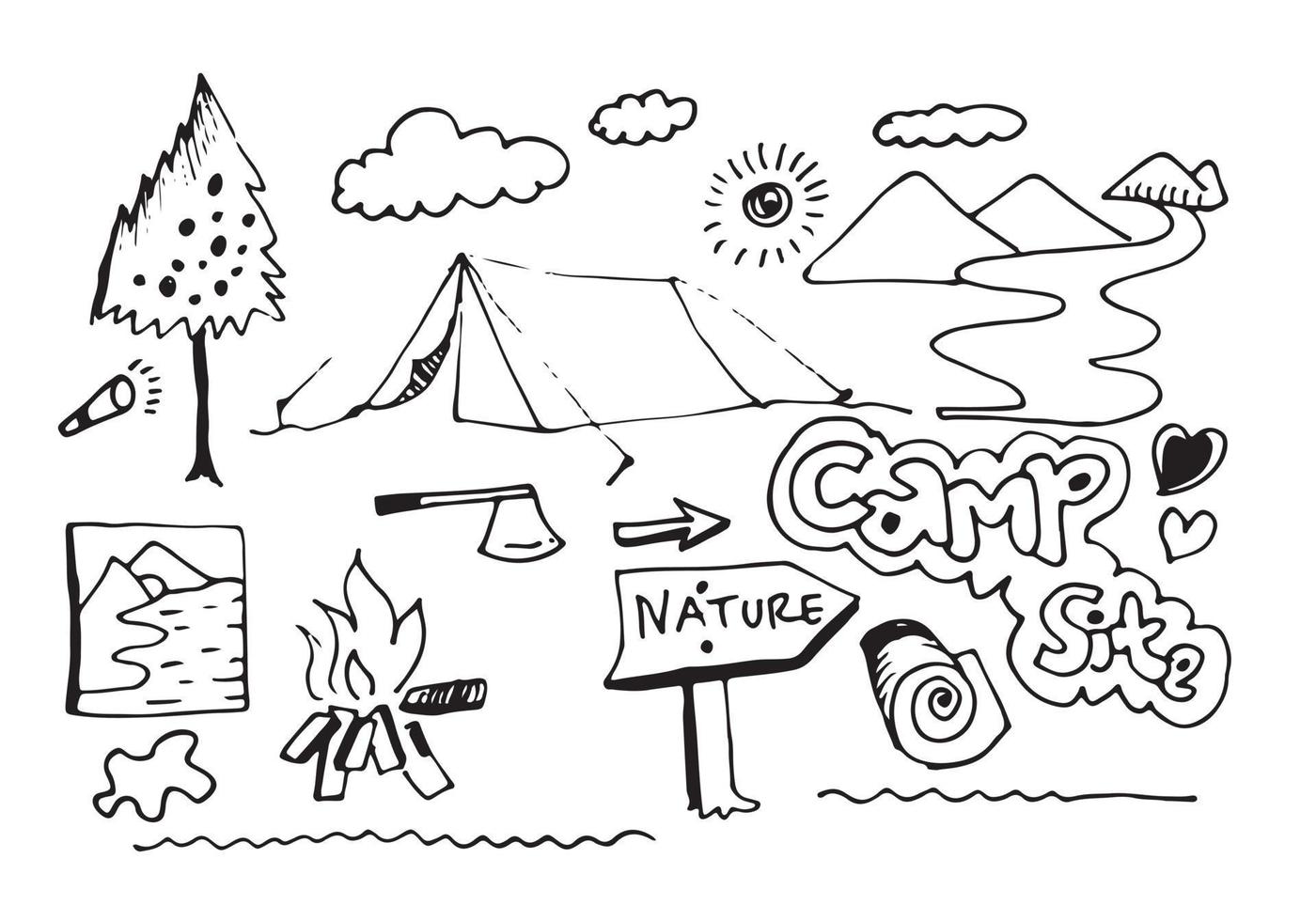 Hand drawn camping and hiking elements, isolated on white background.Camping Doodle Icons Sketch Hand Made. vector