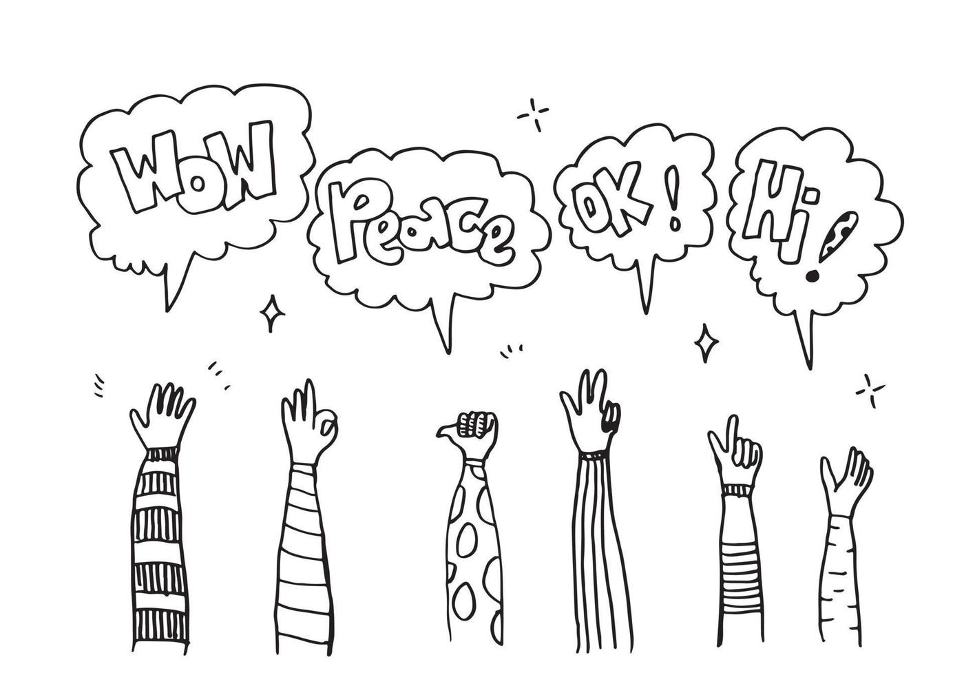 Applause hand draw on white background with wow, peace, ok, hi text.vector illustration. vector