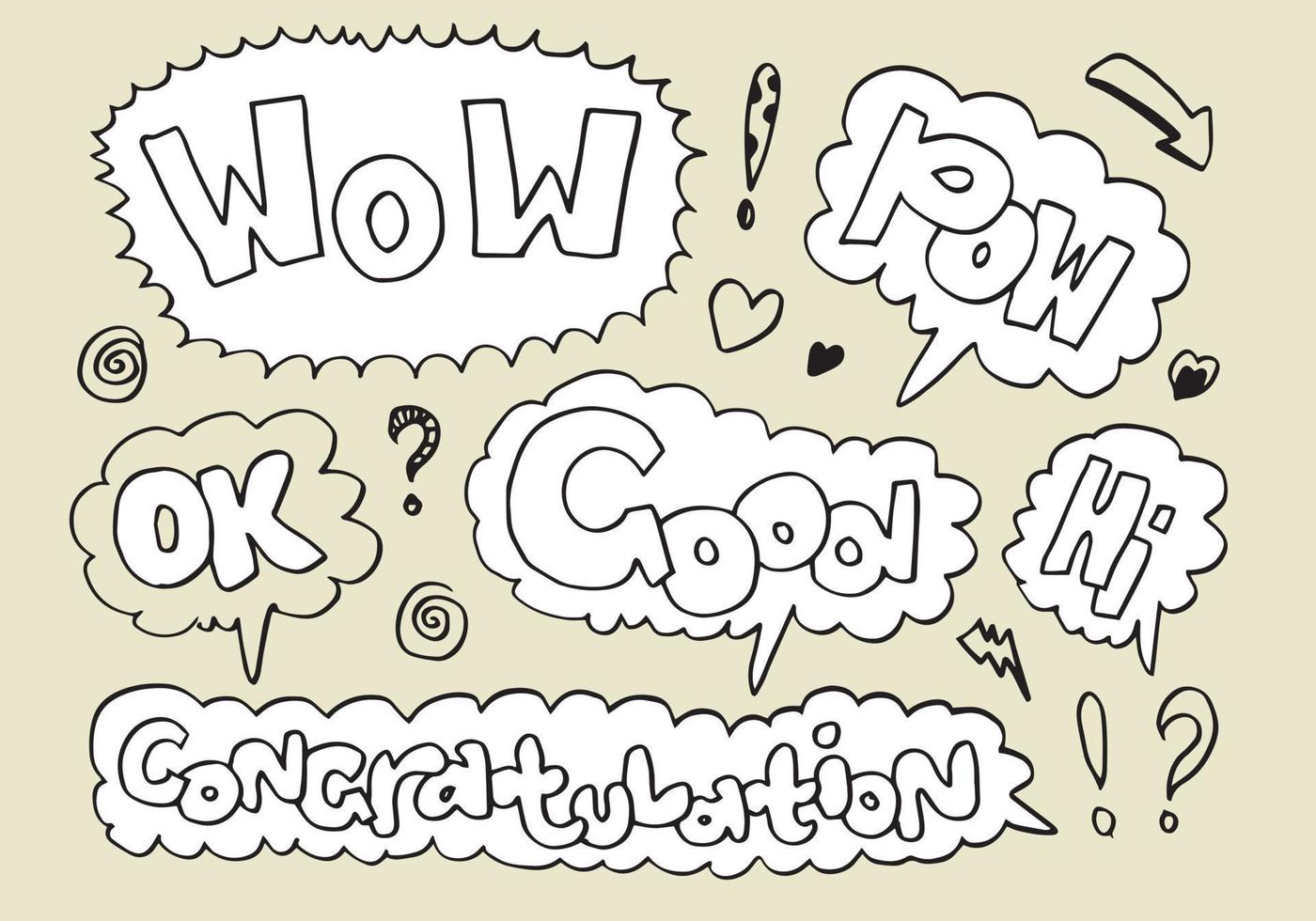 Hand drawn set of speech bubbles with handwritten short phrases  wow,ok,pow,hi,good and congratulation. vector illustration.