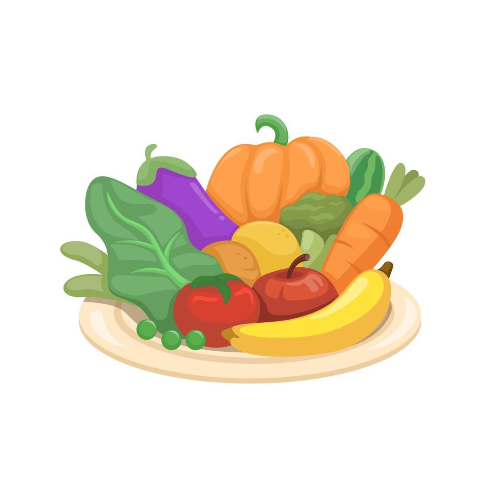 vector de ilustración de dibujos animados de símbolo de comida vegetariana de verduras y frutas