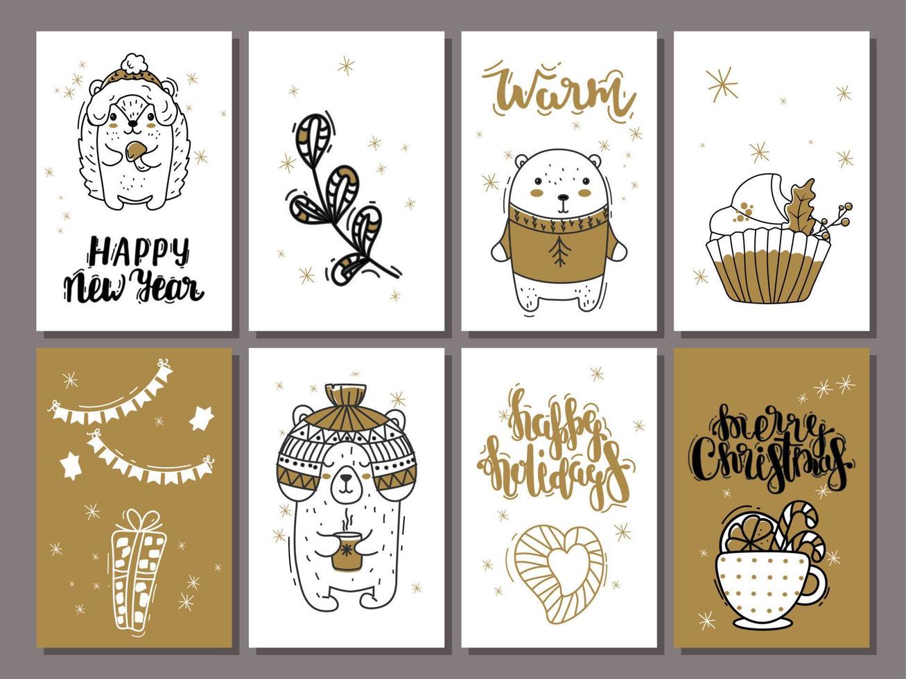 tarjetas de vacaciones de invierno dibujadas a mano. tarjeta de feliz navidad con adornos florales de copos de nieve. Animales bonitos. saludo o invitación de navidad 2023, citas inspiradoras. conjunto de iconos vectoriales aislados. vector