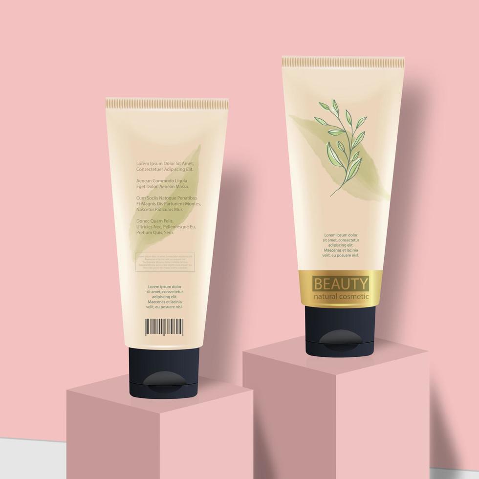 Cosmetic design template. Hand cream, cream tube, toothpaste on a pink background with a glossy black cap. Layout. Foreground. vector