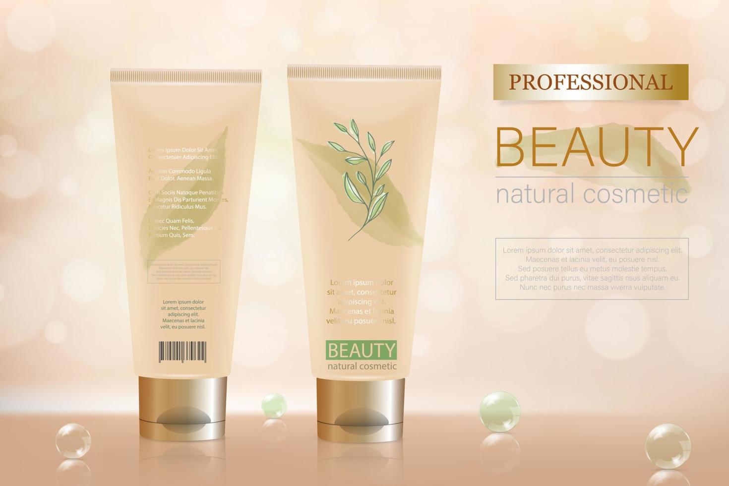 Cosmetic design template. Cream tube with text on a beautiful background with bokeh effect, glass balls and reflection. vector