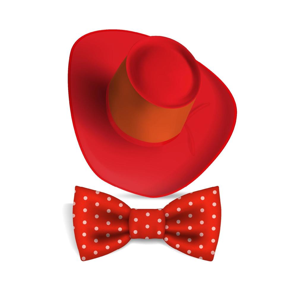 Vector 3D realistic cowboy red hat with bow tie and shadow isolated on white background.