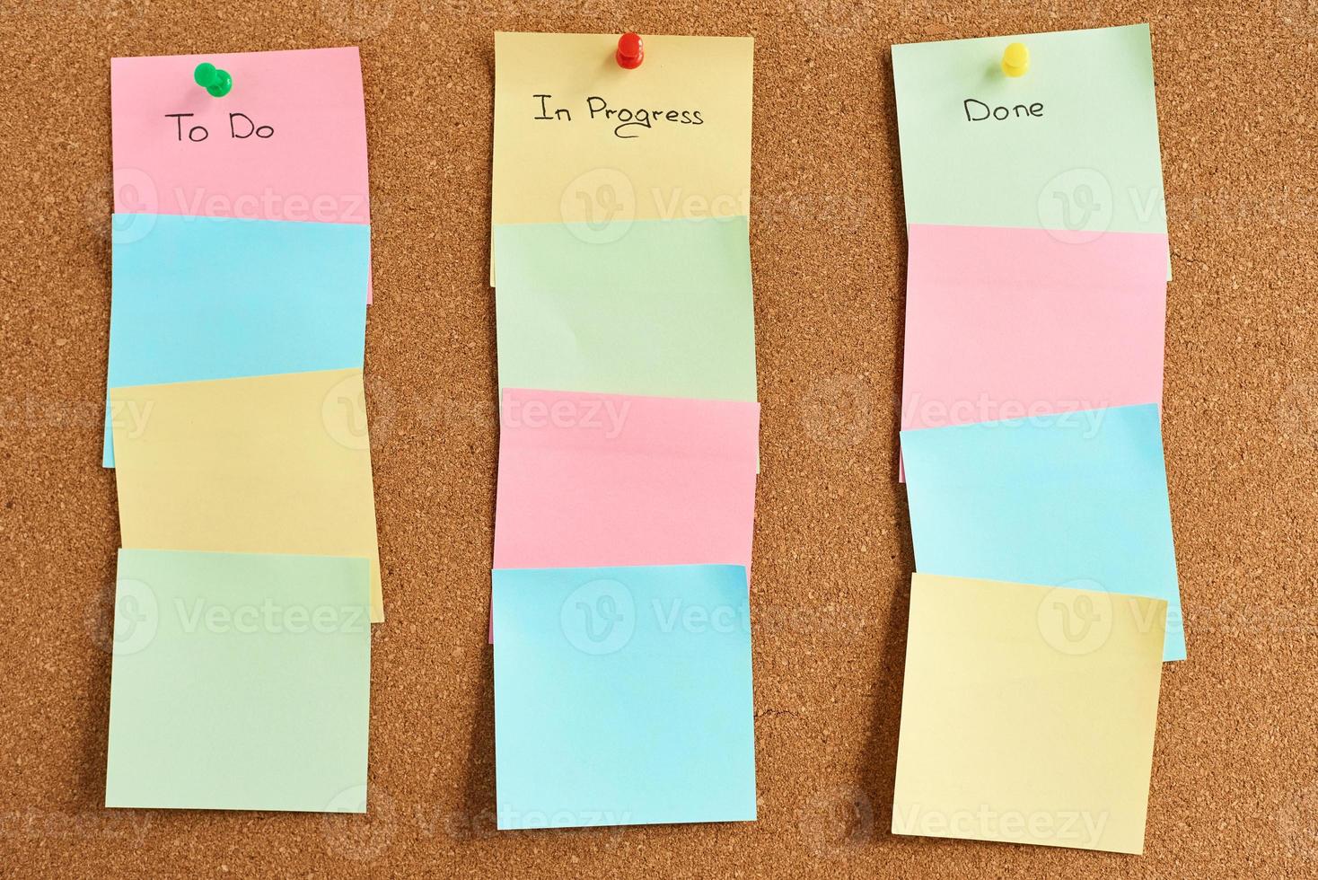 Colorful paper notes with words To do, In progress and Done pinned on a cork board photo