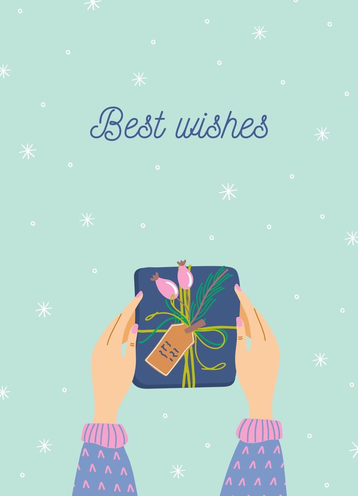 Female hands holding gift box. Best wishes lettering. Cute Christmas or New Year composition for greeting card, poster, holiday congratulations. Top view. Hand drawn flat style vector illustration.
