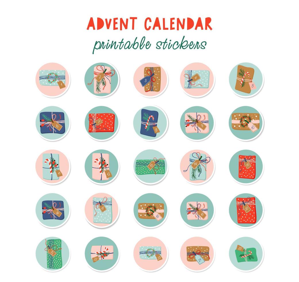 Christmas Advent Calendar. Round printable sticker collection for traditional Christmas countdown calendar. Vector illustration of colorful gift boxes with winter decor.