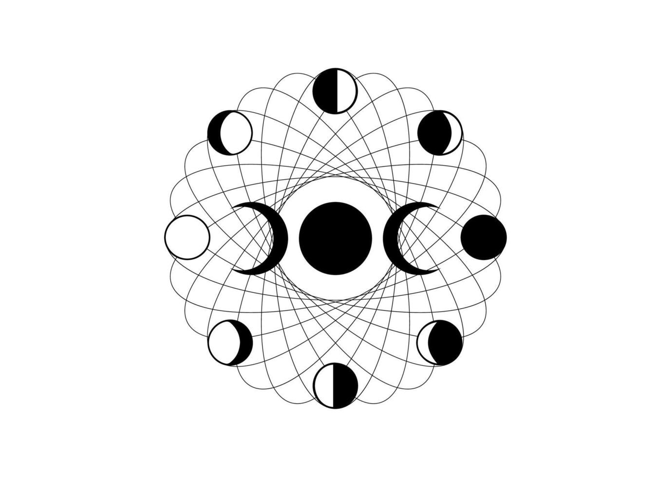 moon phases in orbital circles, triple goddess, crescents moon, spiritual mandala, Sacred Geometry. Wiccan wheel symbol, vector round logo black tattoo isolated on white background