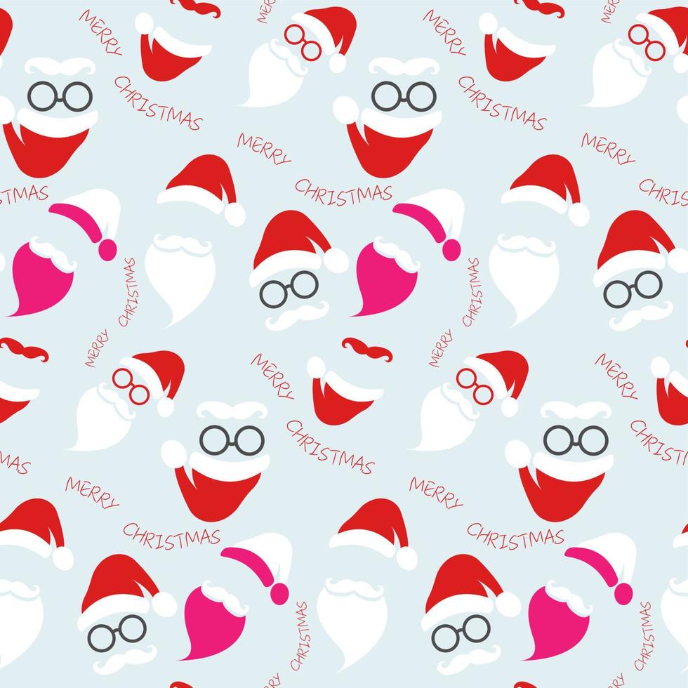 Seamless Santa Claus pattern fashion hipster style set icons. Santa hats, moustache and beards, glasses. Merry Christmas elements for your festive design. Holiday background, print wallpaper vector