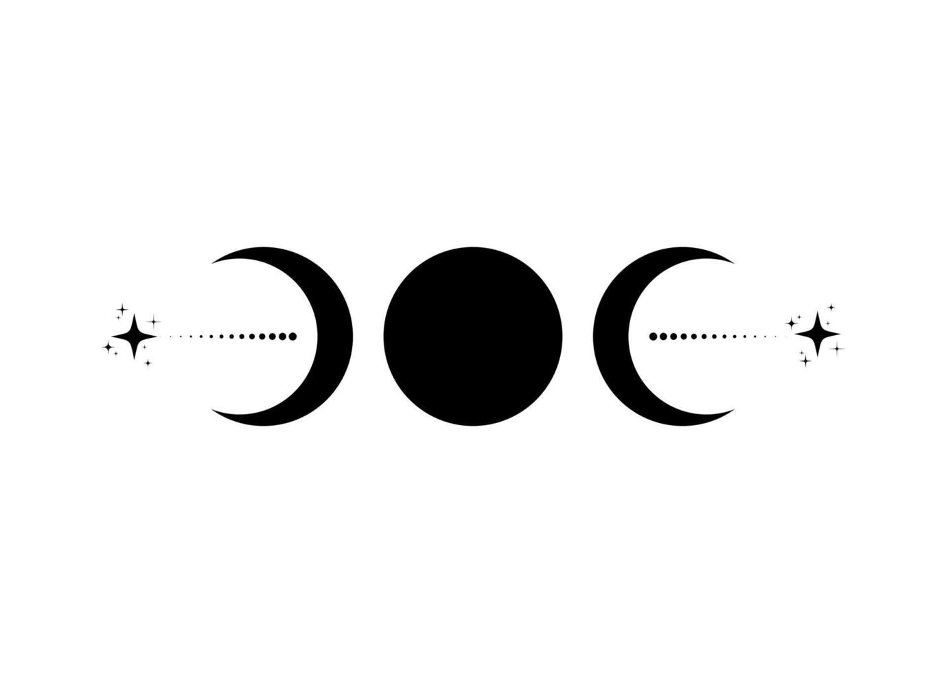 signo religioso wiccan de triple luna. símbolo de neopaganismo del logotipo de wicca, tatuaje de icono de diosa triple, diosa de la luna, la tierra y el parto. vector de media luna, media luna y luna llena aislado en blanco