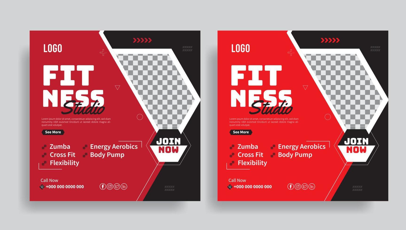 Fitness Studio Template Design Template, Fitness gym social media post banner template, gym, Workout, health, fitness, and Sports social media post banner. Marketing Social Media Template Design. vector