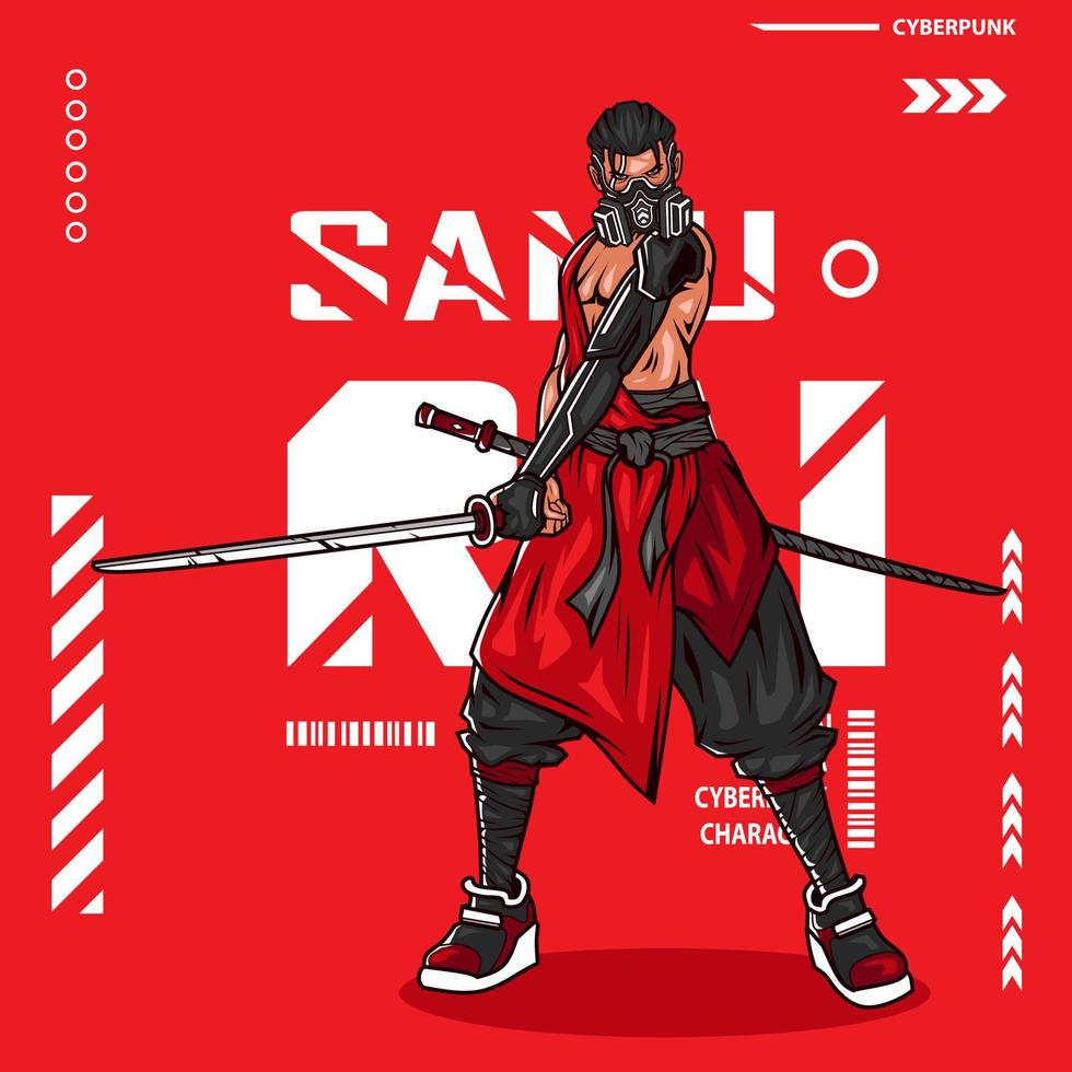 Cyberpunk man the fighter. Fiction character in colorful t-shirt design. Abstract vector illustration.