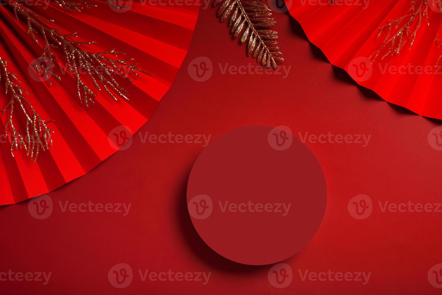 Mock up podium round stage or pedestal and paper art Chinese new year symbol top view photo