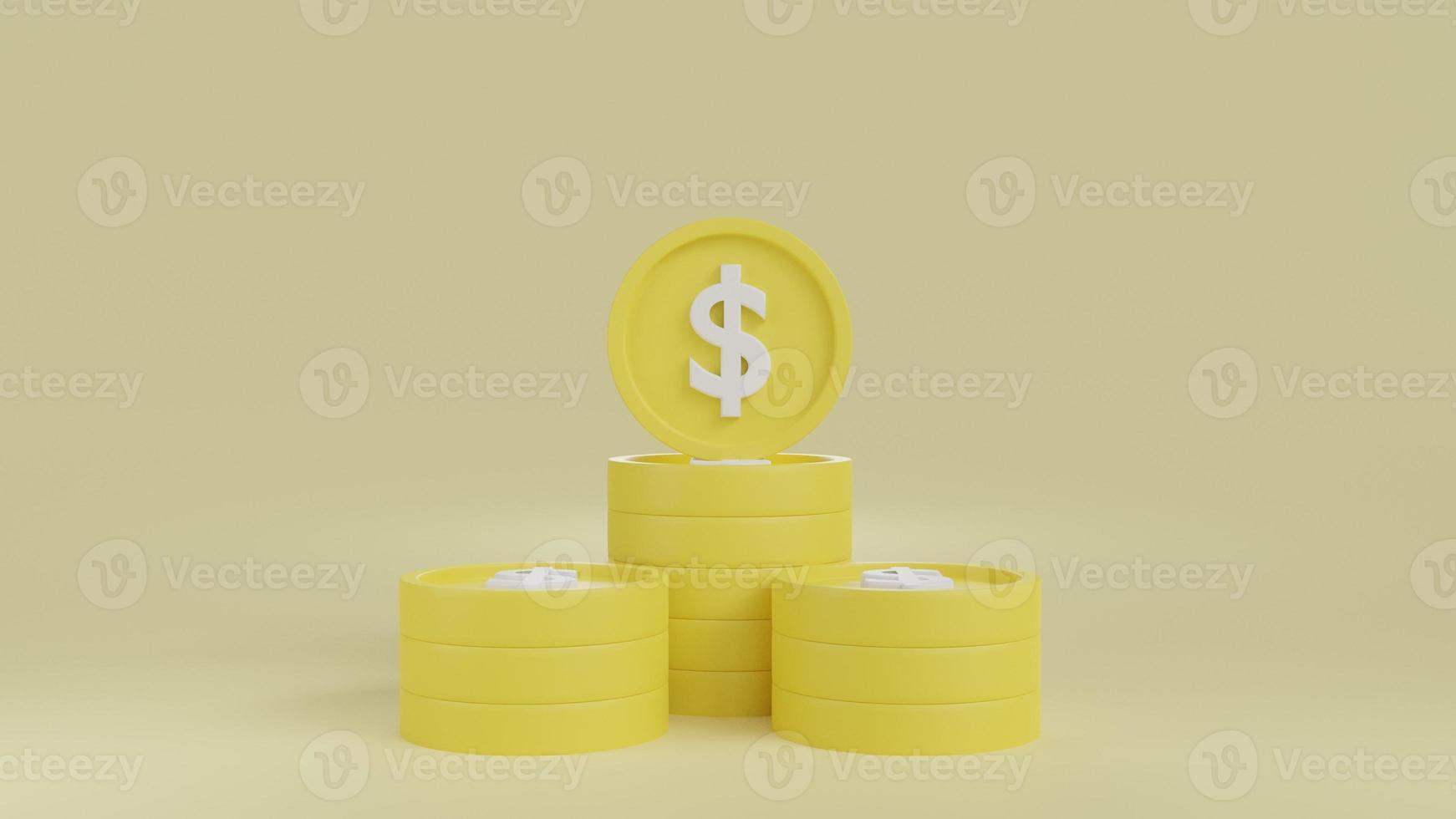 pila de monedas de oro sobre fondo amarillo.icono de monedas 3d para banner web.pila de moneda de oro mercado de divisas financiero.negocios,inversión,ahorro,ingresos,crecimiento.representación 3d. foto