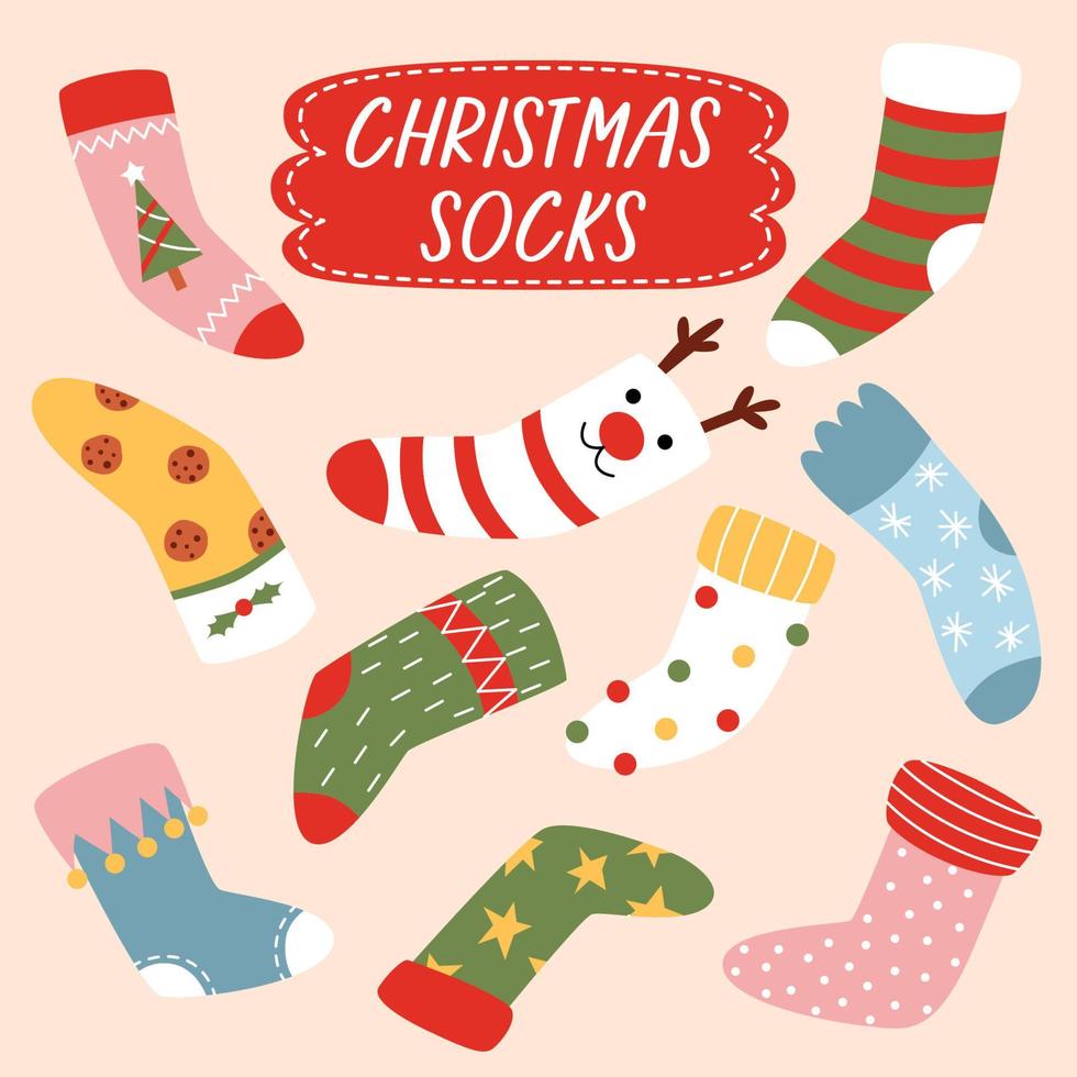 Set christmas stockings. Various traditional colorful and ornate holiday stockings or socks collection. Vector cartoon New Year illustration isolated on white background in a flat style.