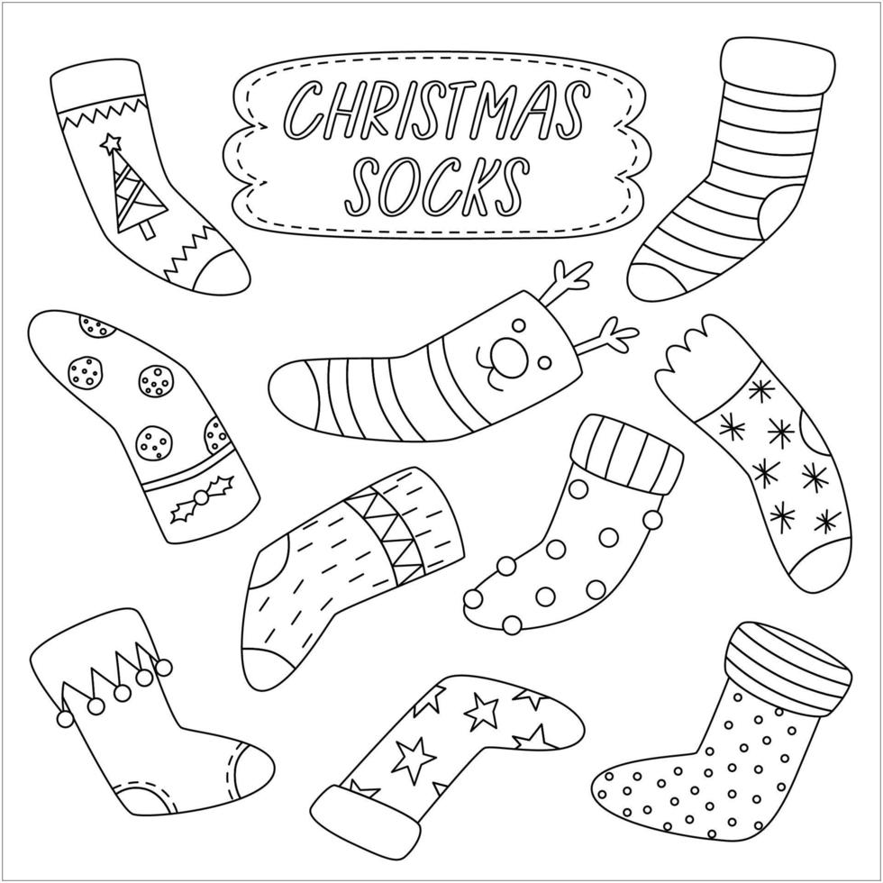 establecer contorno para colorear medias de navidad. varias colecciones tradicionales de calcetines o medias navideñas coloridas y ornamentadas. vector