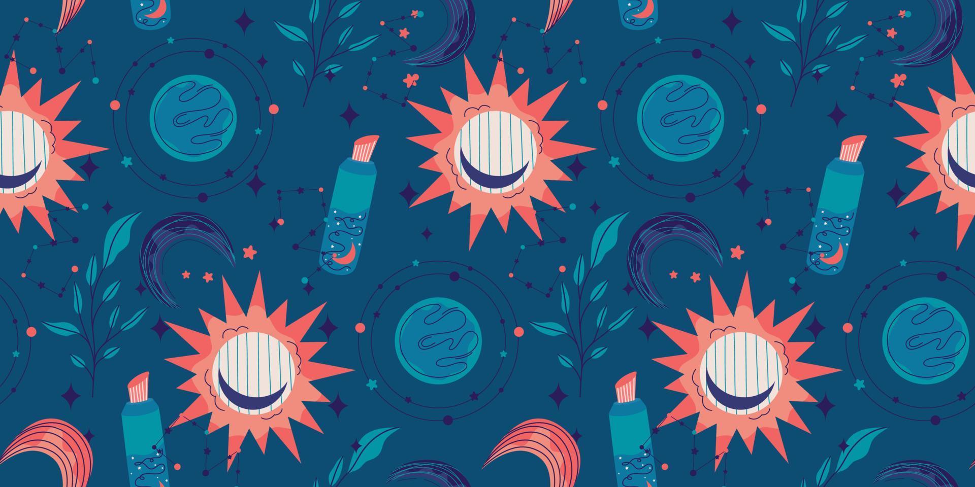 Celestial magic seamless pattern with boho sun. Mystic moon vector illustration. Magic celestial print. Astrology esoteric background
