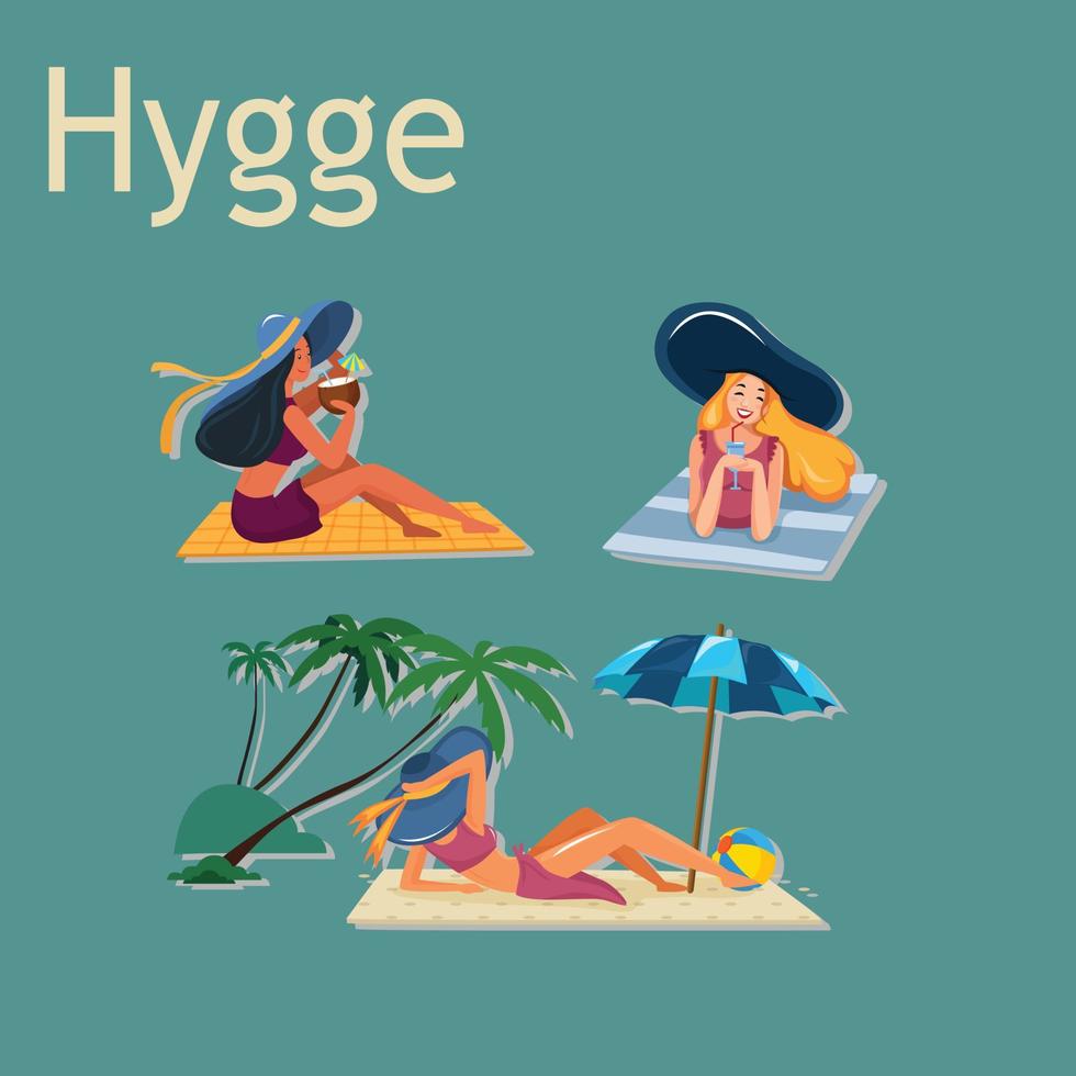 el que se relaja en la playa, disfrutando de la vida. estilo de vacaciones hygge vector