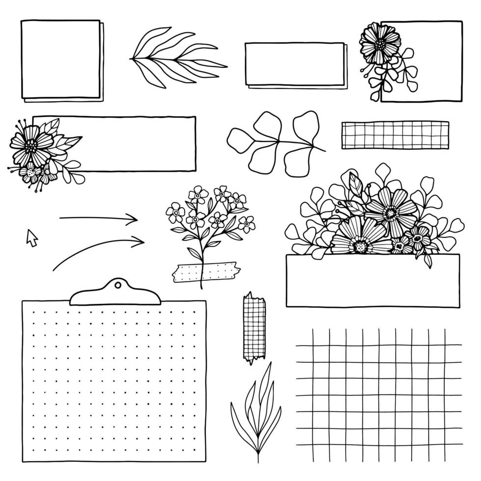 Set for a bullet journal with floral elements. Collection of drawings for a diary, weekly with flowers. A black line on a white background. vector