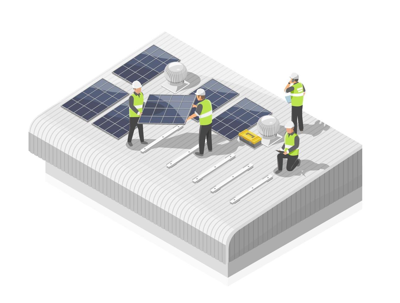 solar cell factory roof top installer team service for customer ecology and eco warehouse for business isometric isolate vector