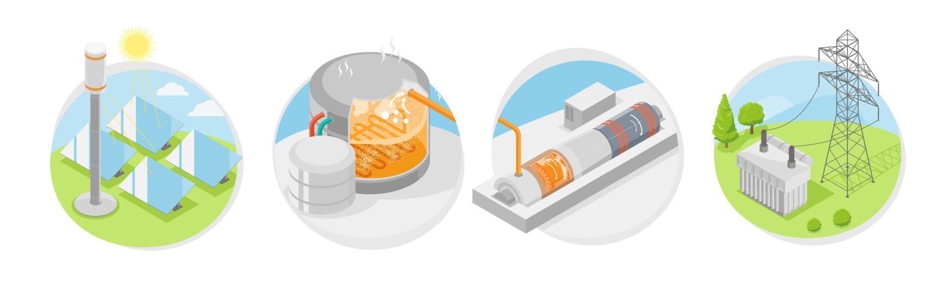 solar thermal power plant work icon concept symbol ecology technology isometric vector