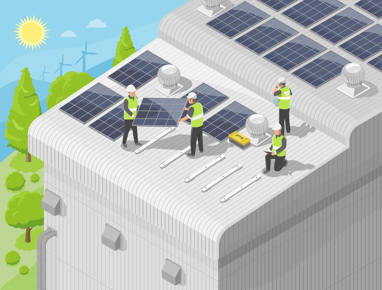 solar cell factory roof top installer team service full top view  for customer ecology and eco business isometric isolate vector