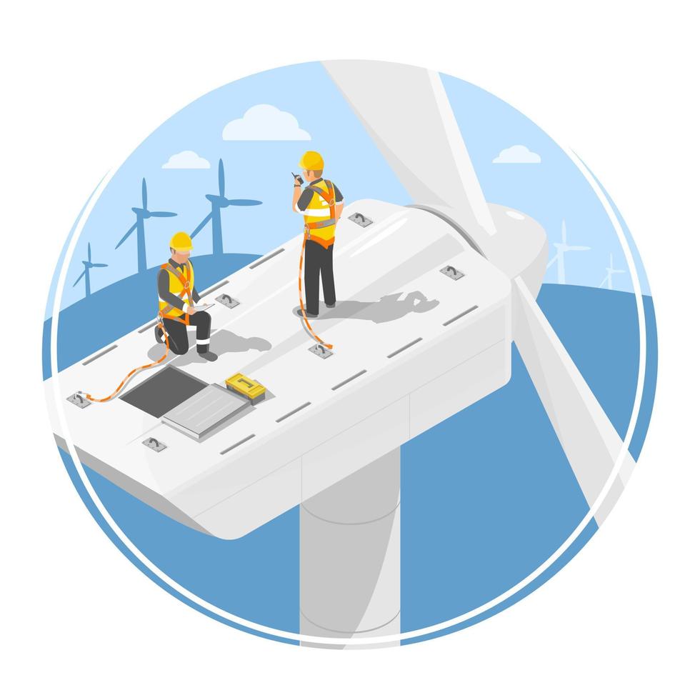 Working at height on wind turbine isometric engineer inspection work high safty for dangerous work factory ecology industrial isometric vector