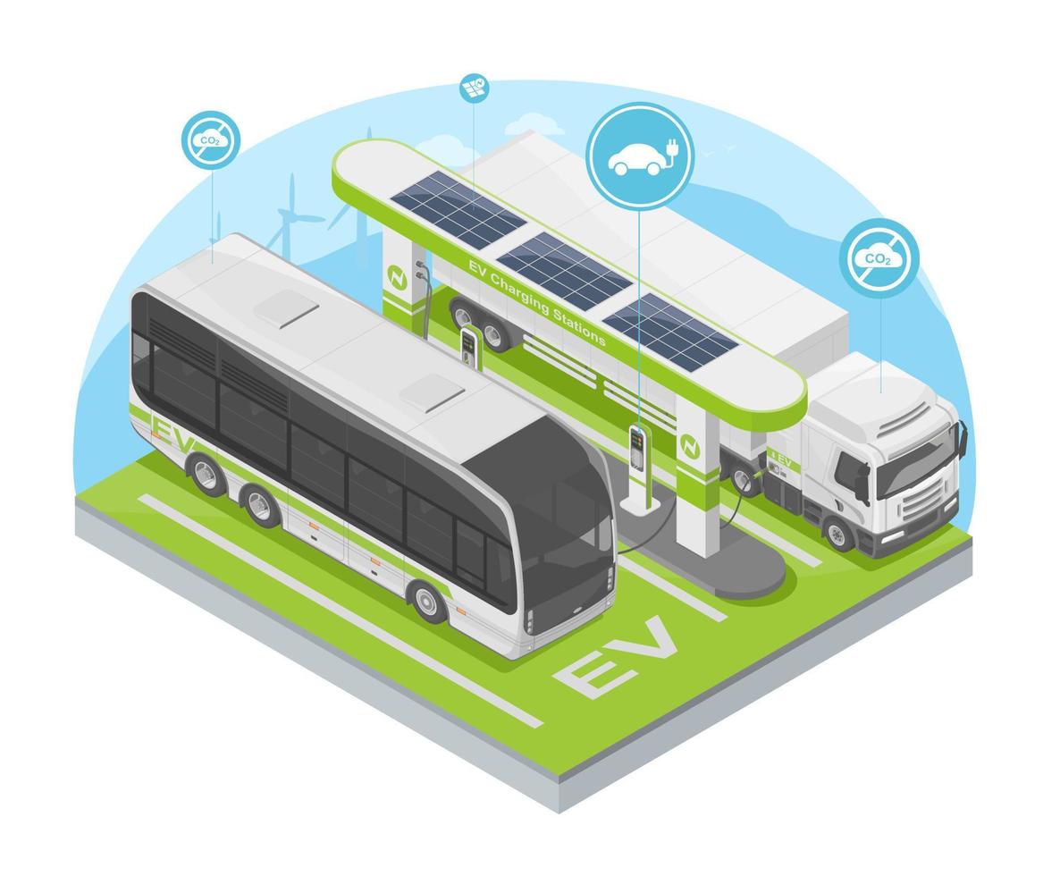 ev bus semi trailer solar cell power concept energy ecology electric vehicle battery system for low emission isometric vector