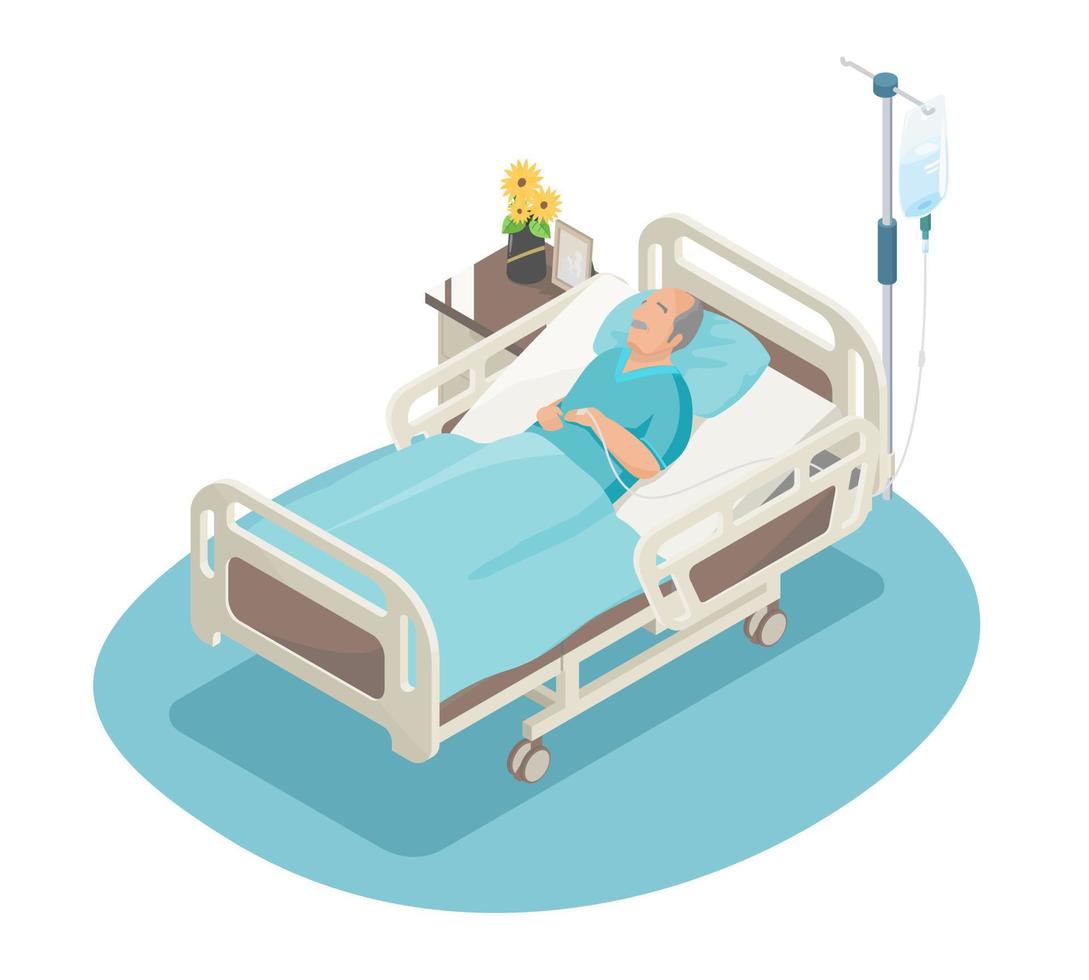 Elderly care bedridden patient concept old man sleep on hospital bed alone isometric vector