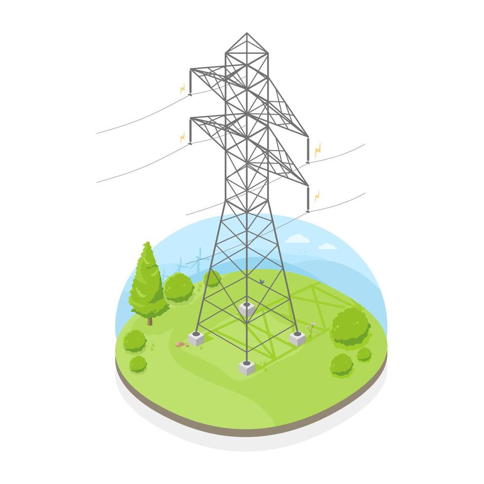 línea de torre de transmisión de energía eléctrica alta isométrica de alto voltaje en dibujos animados de la naturaleza vector