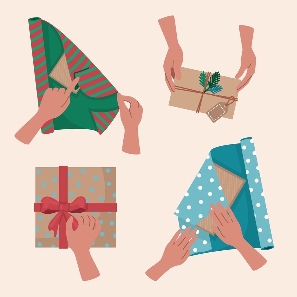 conjunto de elementos del proceso de envoltura de regalos para navidad, vacaciones, cumpleaños vector