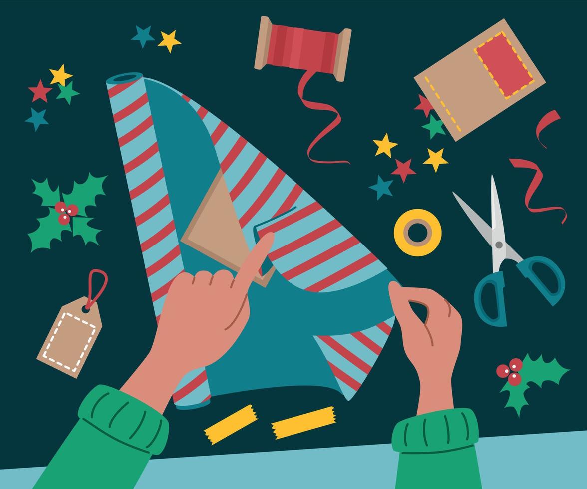 el proceso de envolver regalos de navidad. papel de regalo, tijeras y cintas de estilo plano. vector