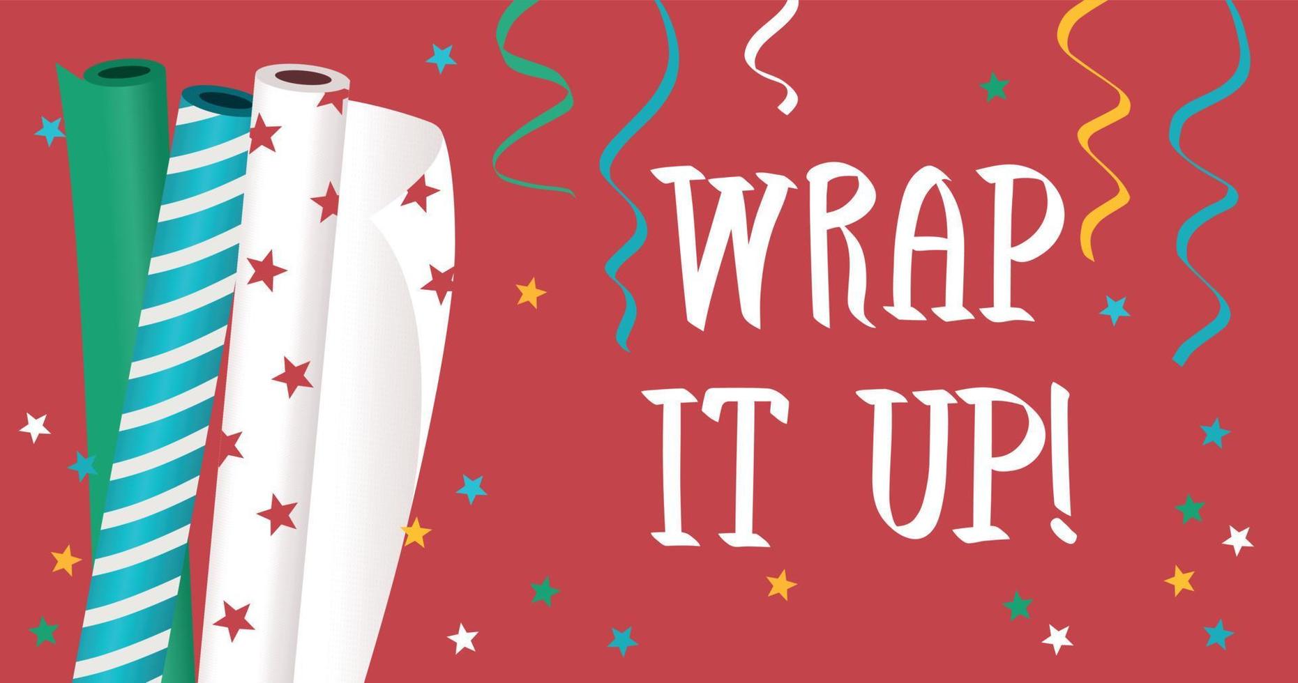 Promotion banner for advertising with wrapping christmas paper, ribbons, stars and lettering wrap it up. Red christmas and new year background. vector