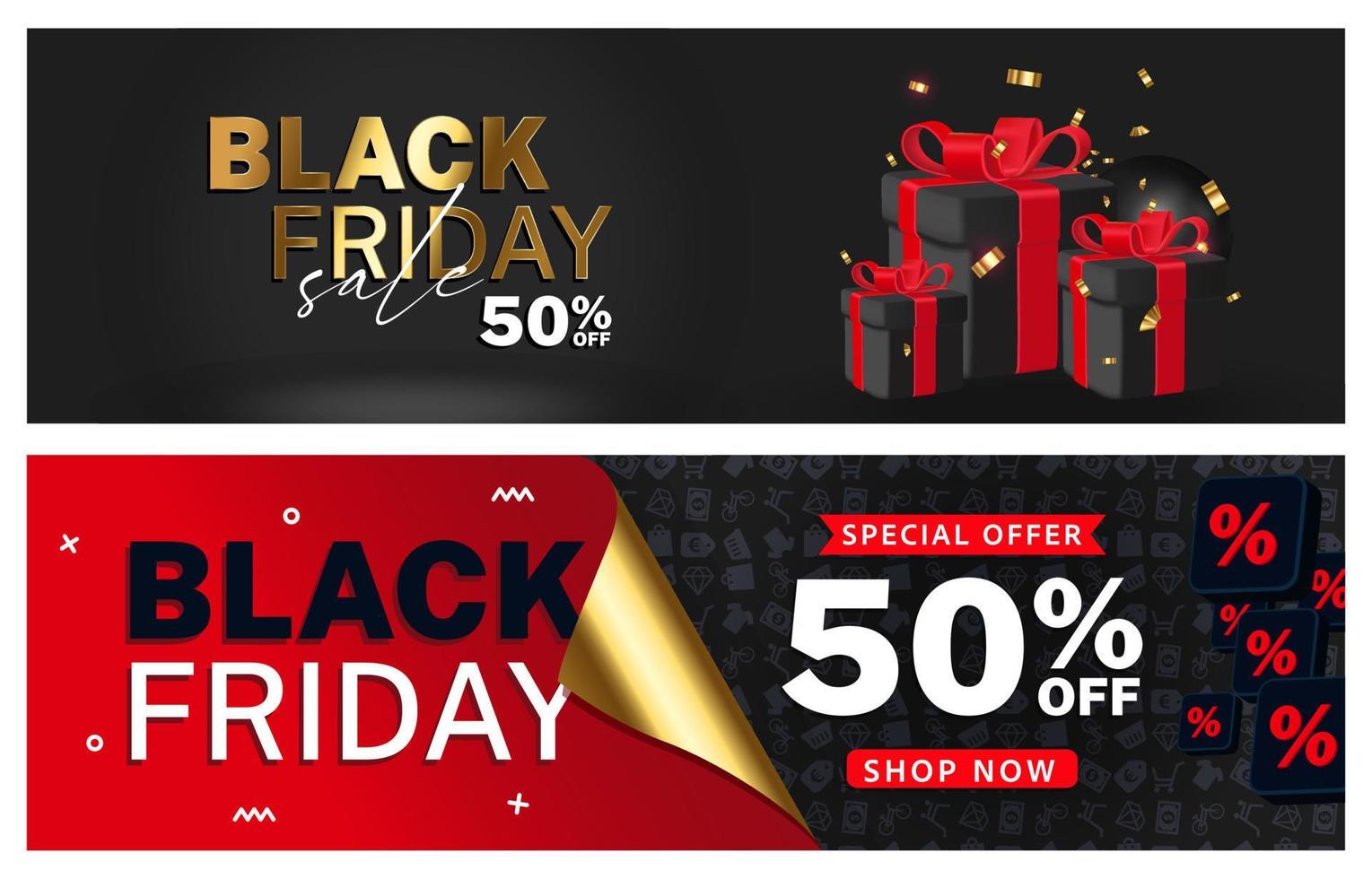 Vector of Black Friday Poster or banner with black gift box, discount. Black friday day sales banner template design for social media and website . Long banner set