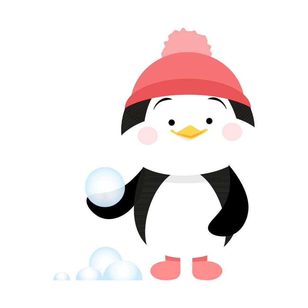 lindo pingüino en un sombrero con una bola de nieve en sus manos vector