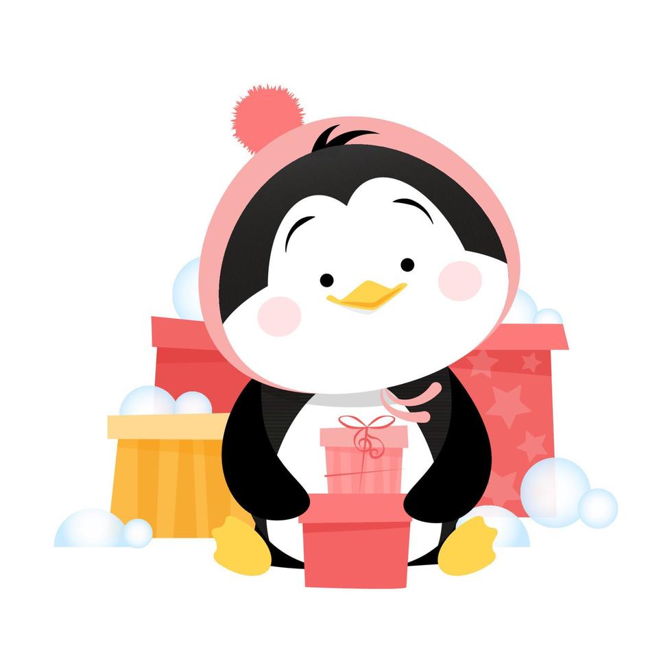 un lindo pingüino con un sombrero rosa se sienta con regalos en las manos y regalos en la espalda y bolas de nieve vector