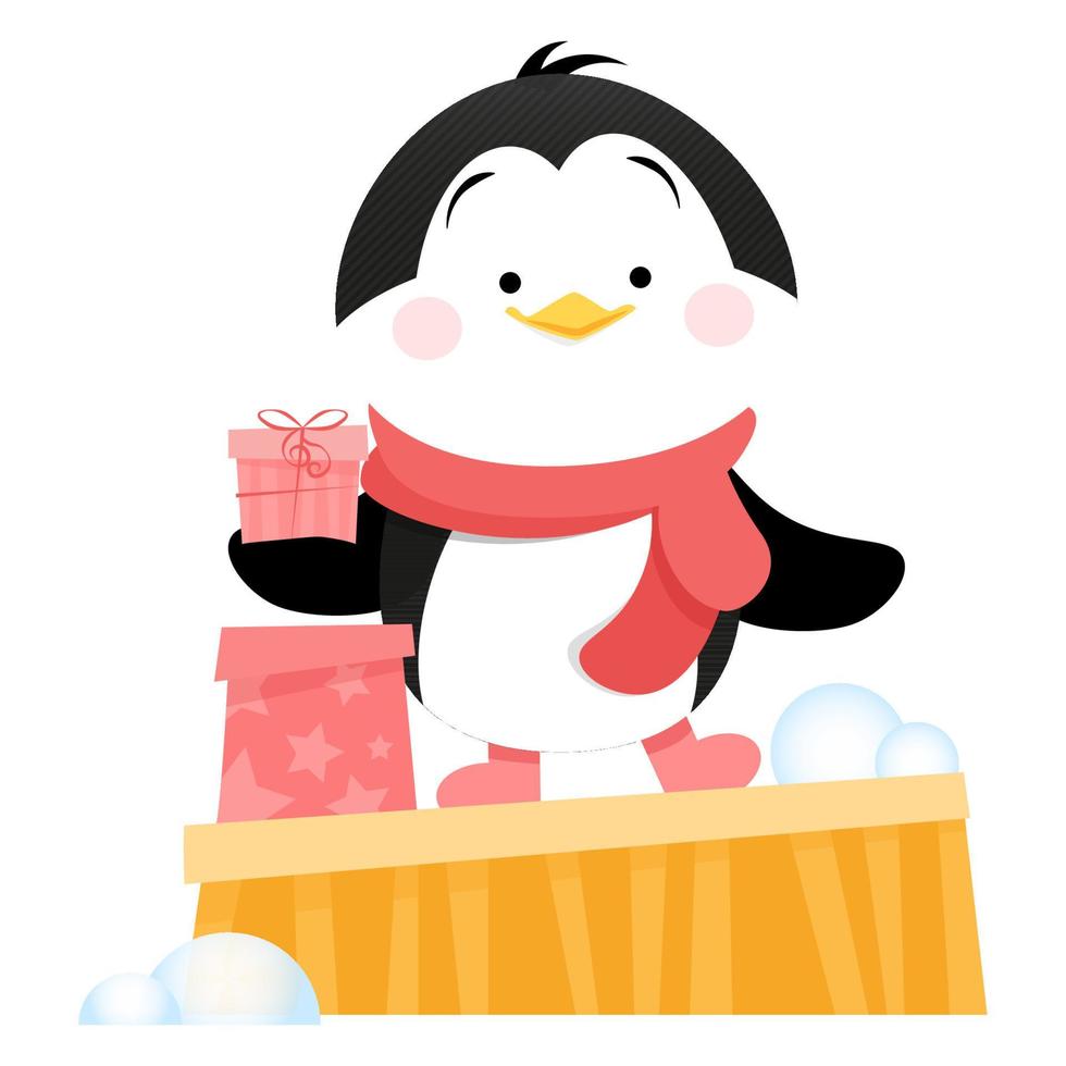 A cute penguin stands on a box with a gift and holds a gift in his hand vector