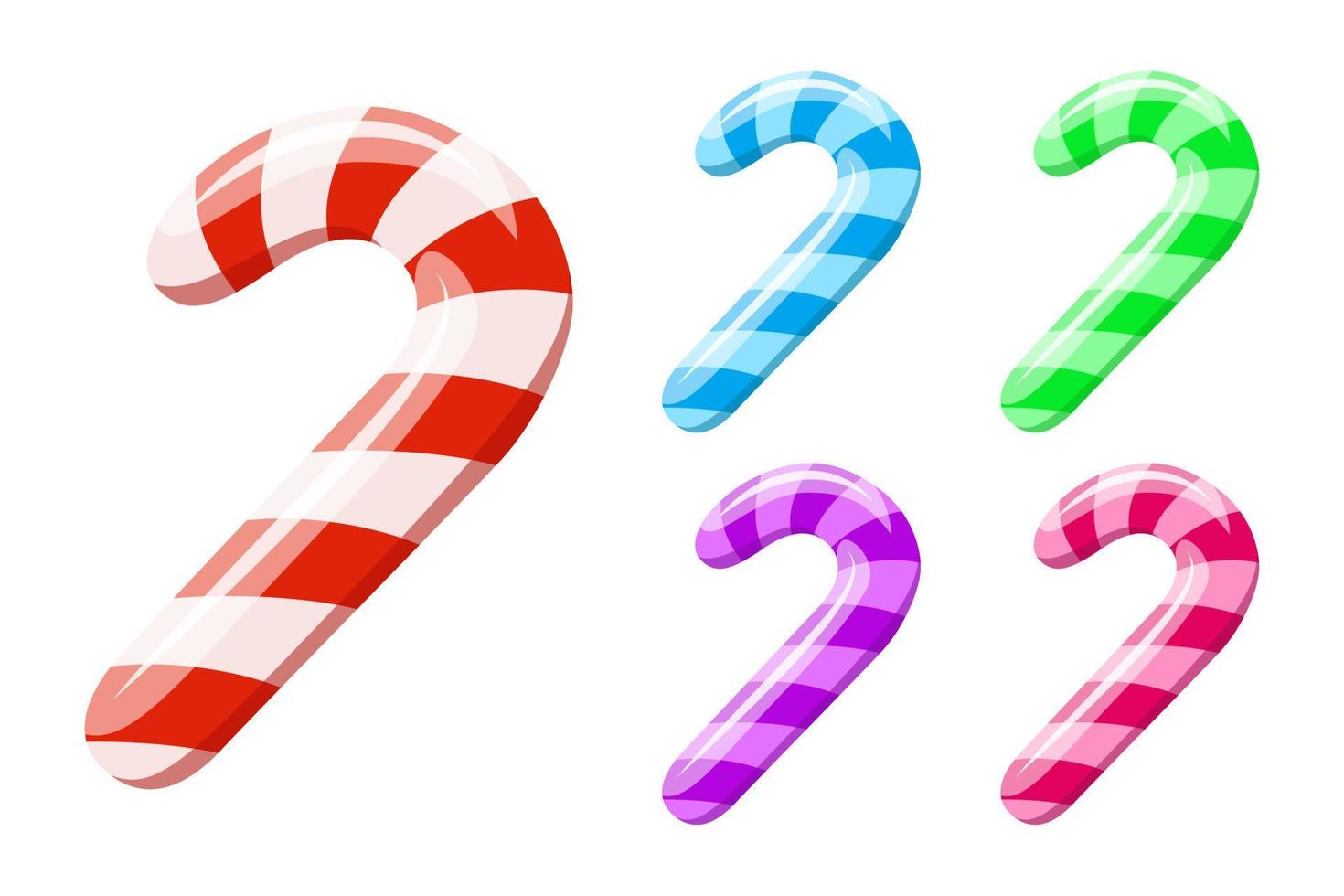 Bright striped candy cane set. Round multicolored candies on stick. Design element for Christmas, New Year, birthday, anniversary, event. Template for poster, web, flyer, icon, blogs, logo. Vector