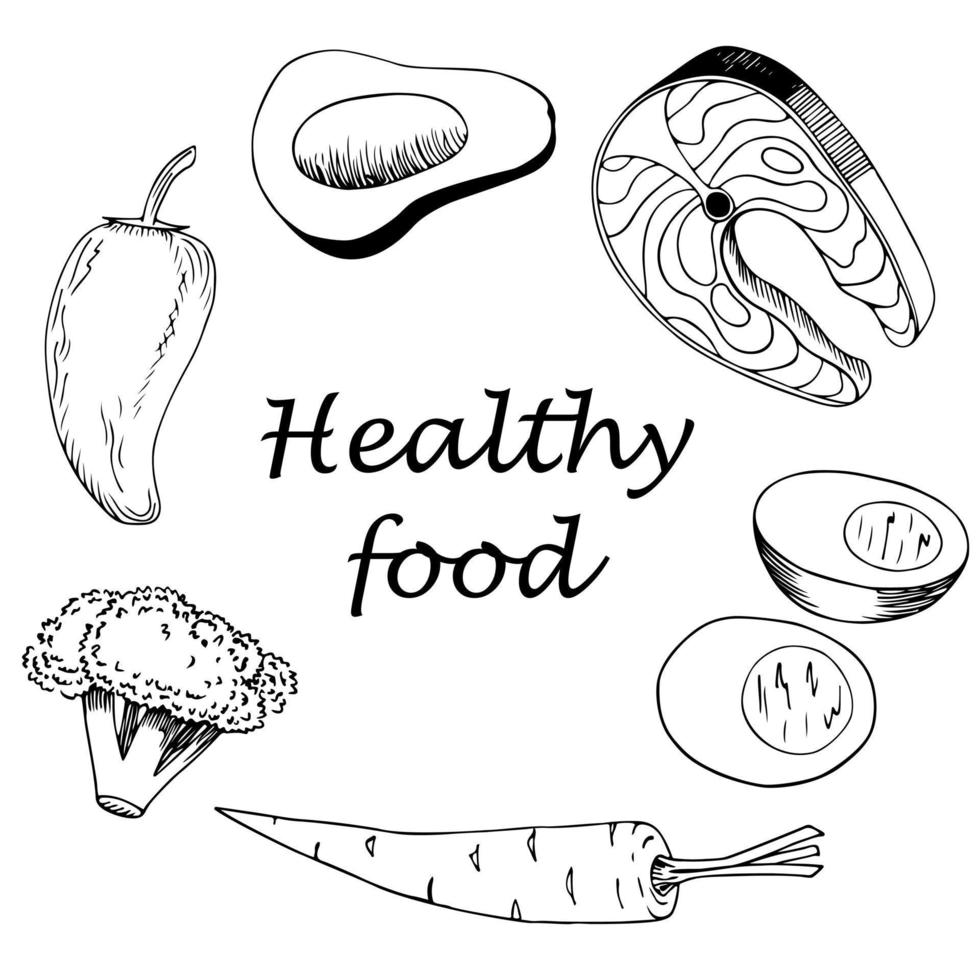 Hand drawn set of healthy food with lettering. Salmon, broccoli, avocado, pepper, egg, carrot. Healthy food frame. Vector illustration in line graphics.