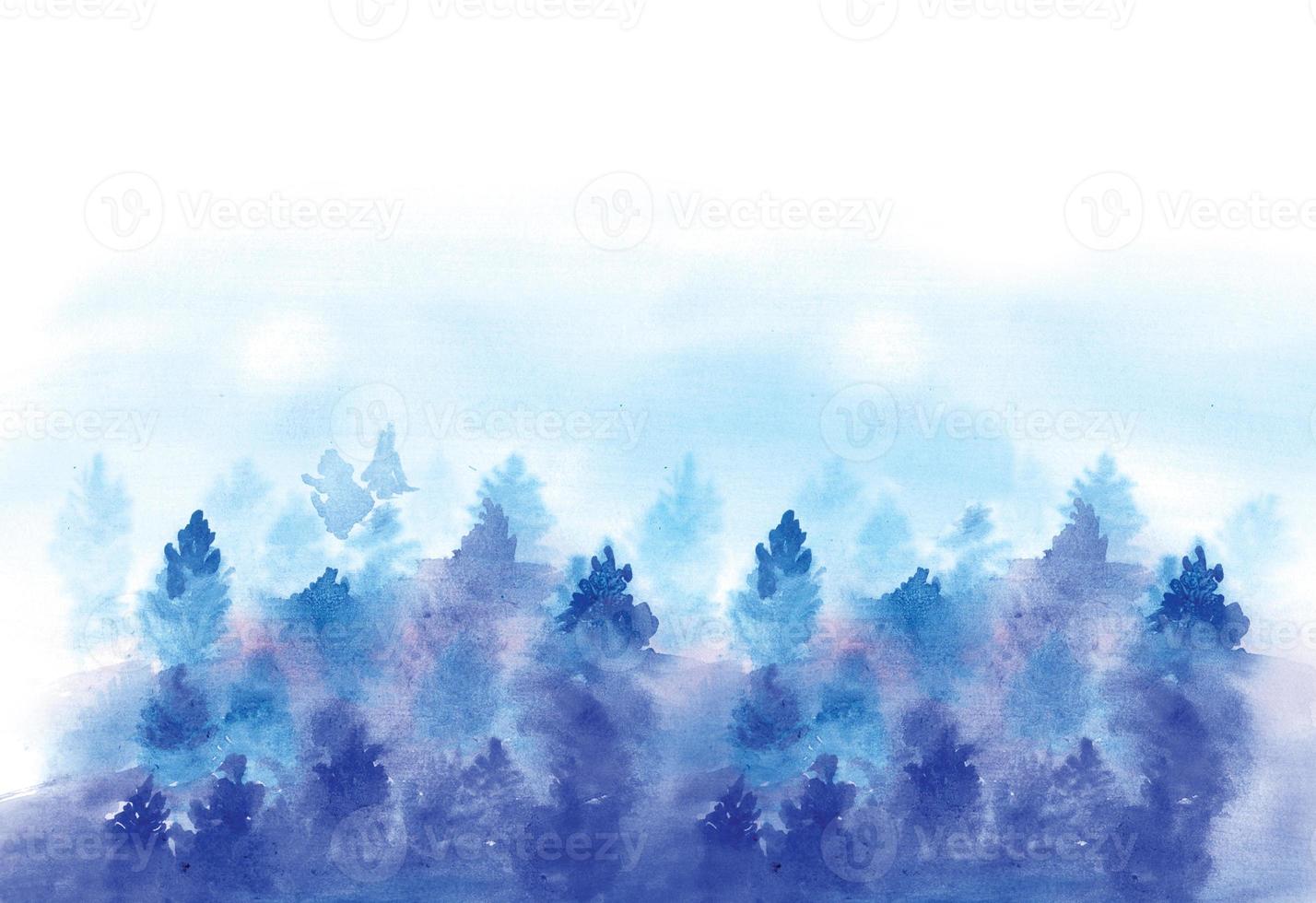 Watercolor winter illustration. Blue hand-drawn forest and fir trees photo