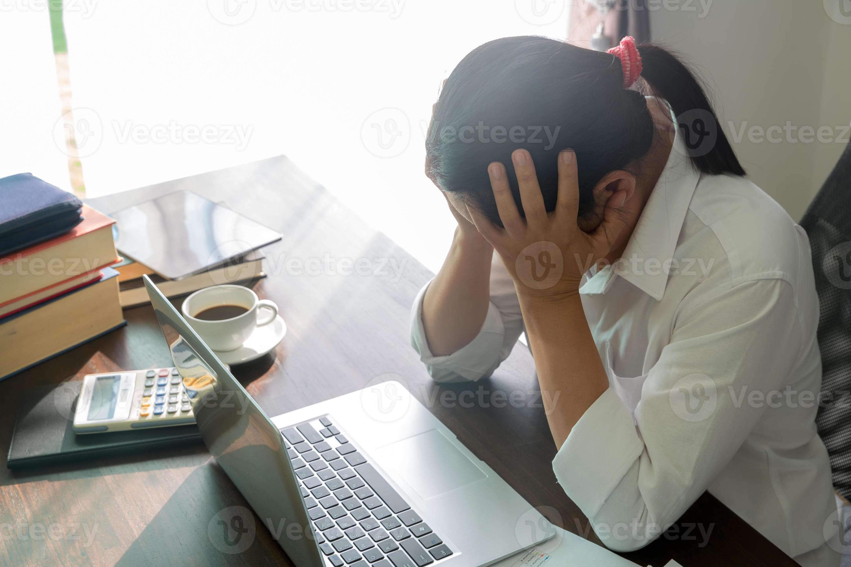 Stress business woman person from hard work, depression in office