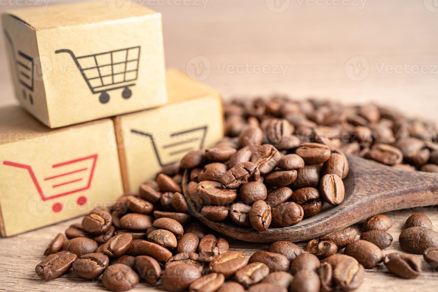 caja con el símbolo del logotipo del carrito de compras en granos de café, importación, exportación, compras en línea o servicio de entrega de comercio electrónico, envío de productos de tienda, comercio, concepto de proveedor. foto