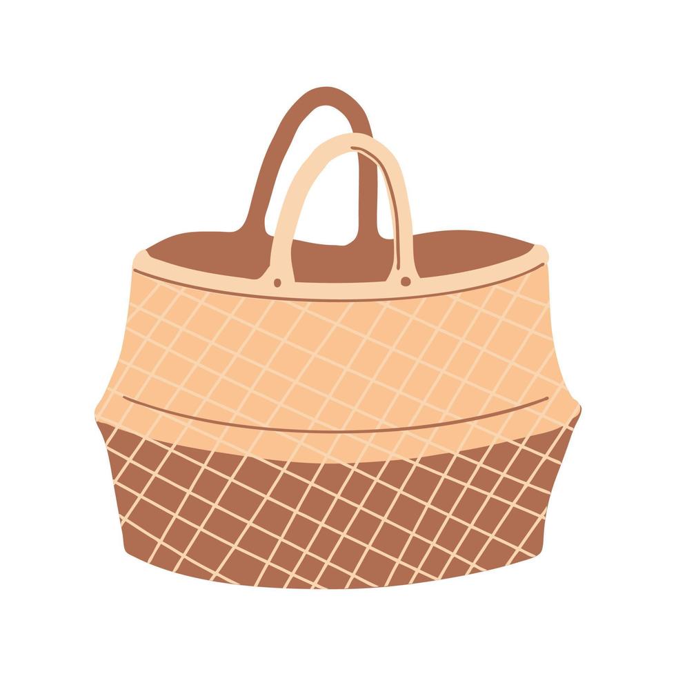 beautiful beach basket in natural color. Wicker handbag with handles on a white background vector